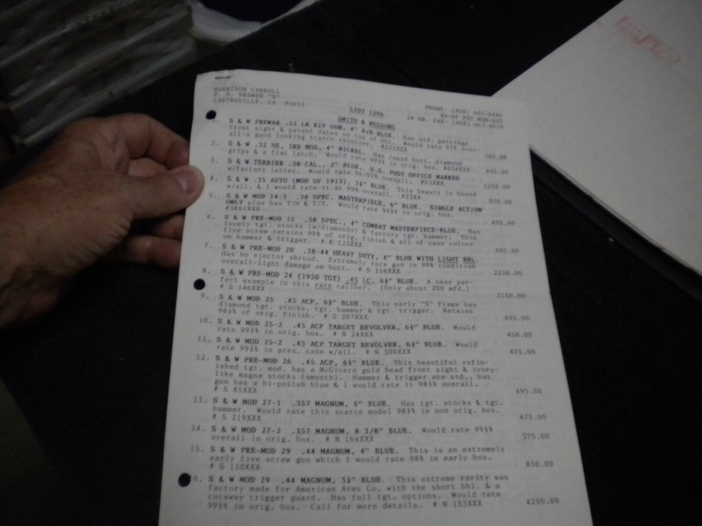 Harrison Carroll List 1296 Dec 1996  Colt SAAs,S&W, Blk powder Price List