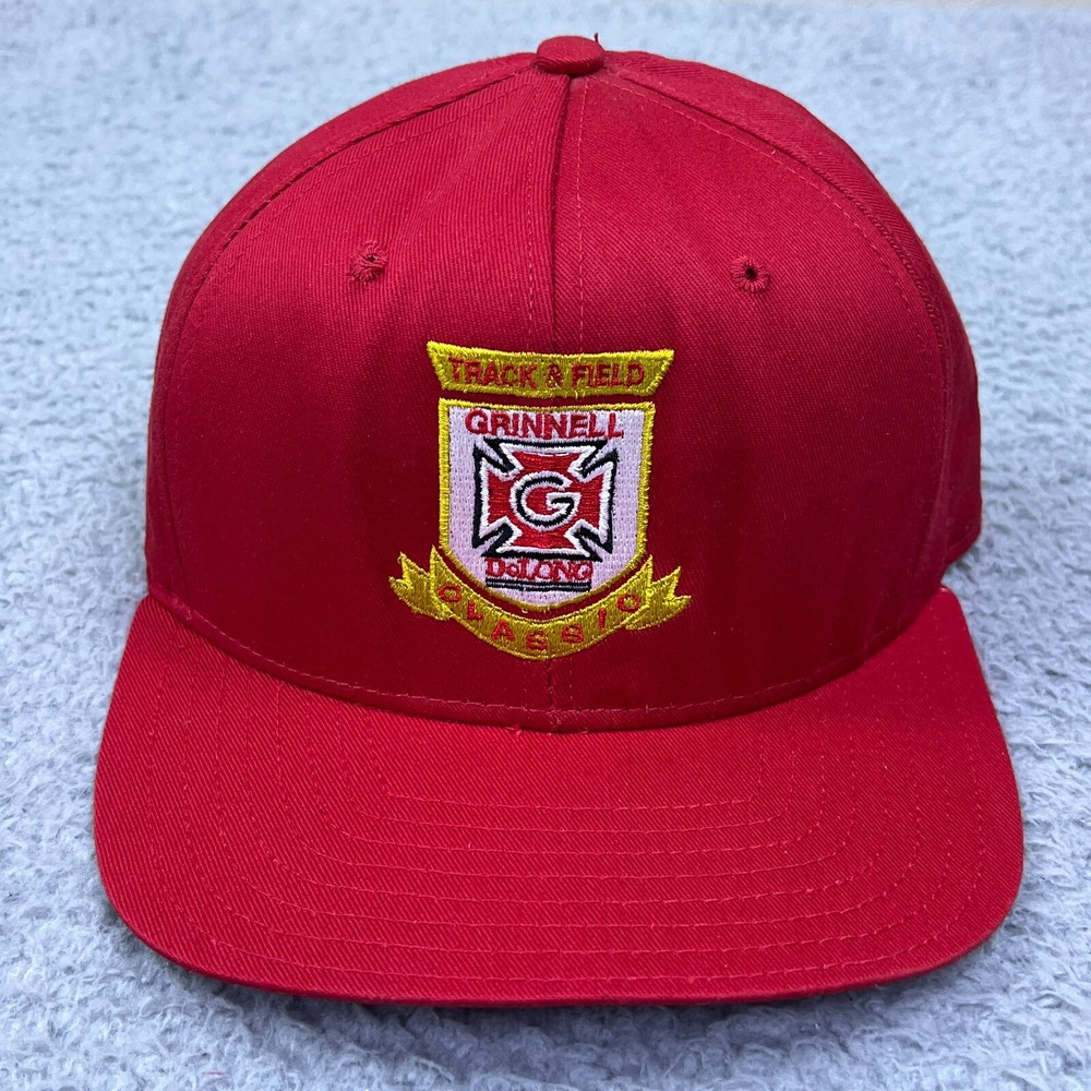 VTG DeLong Grinnell College Hat Red Track & Field Canvas Trucker Cap USA Made