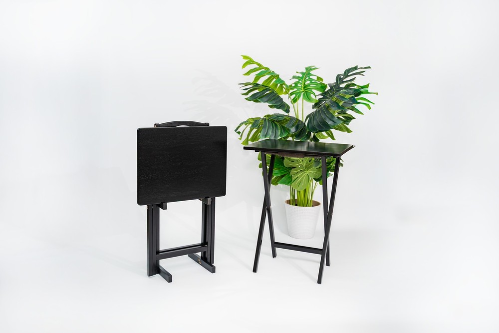 3PC Set: 2PC Folding Tray Tables with 1PC Storage Rack Set Black