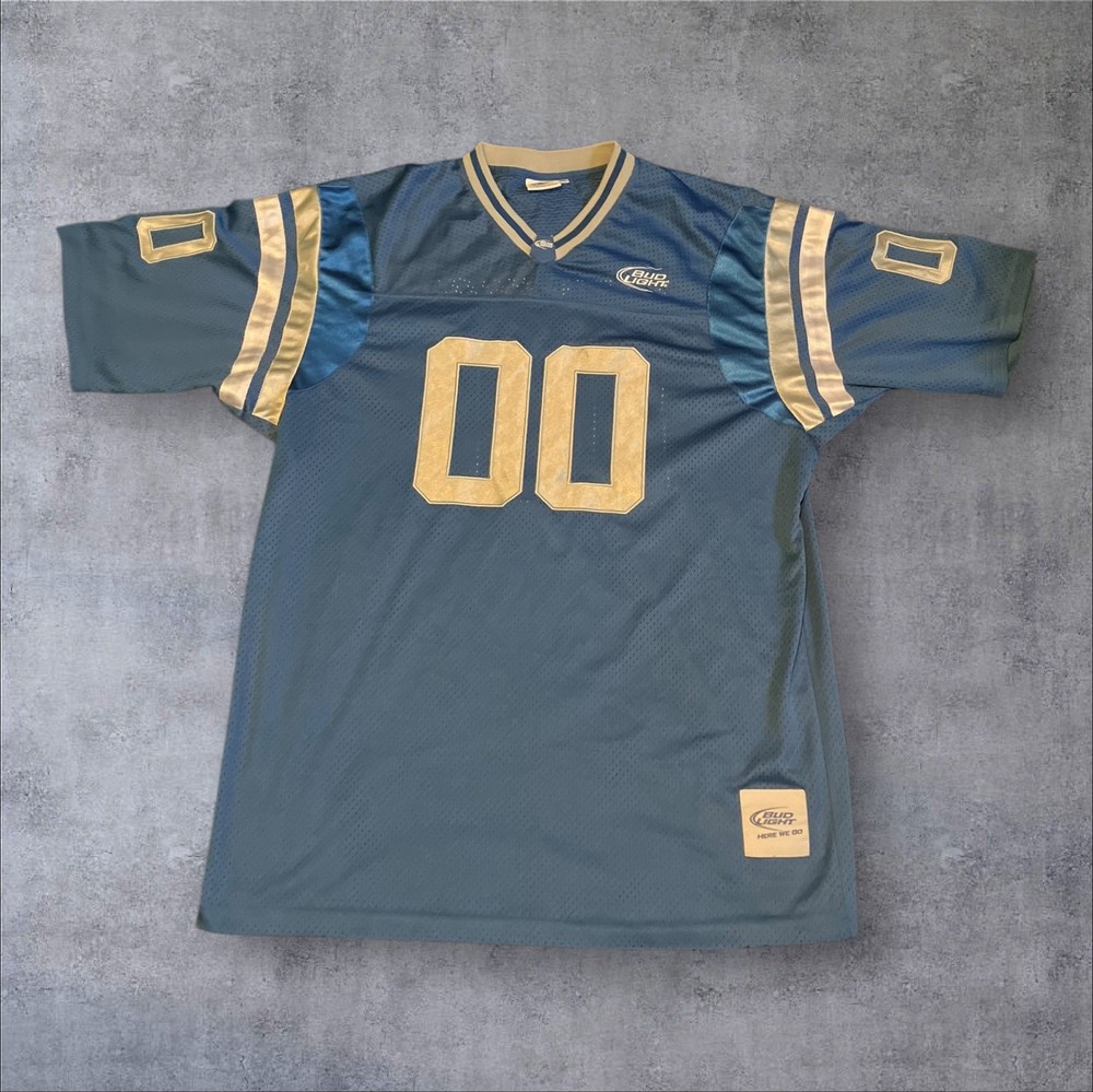 VTG Bud Light Beer Football Jersey 00 Stitched Promo Mesh Blue White Men’s XL
