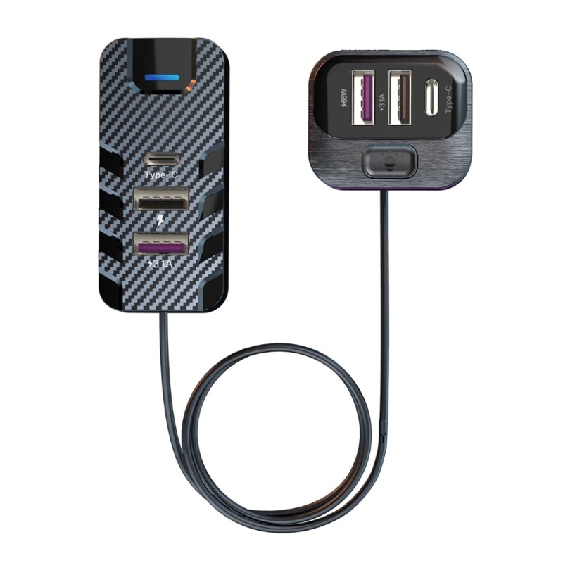 6 Port Car Charging Station Adapter With Extended Reach, For Smartphones Tablets