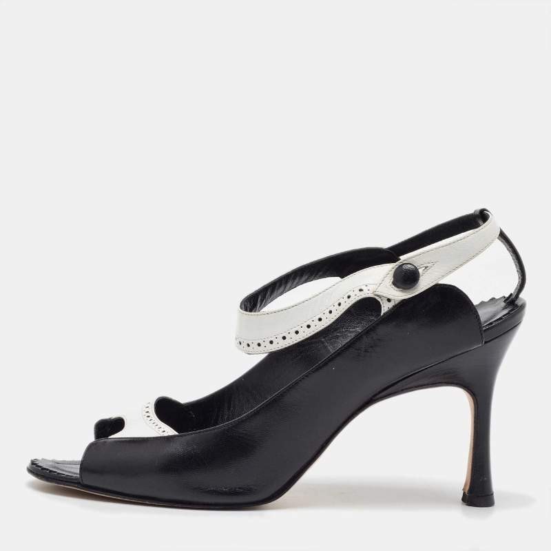 Manolo Blahnik BlackWhite Leather Brogue Slingback Sandals Size 38.5