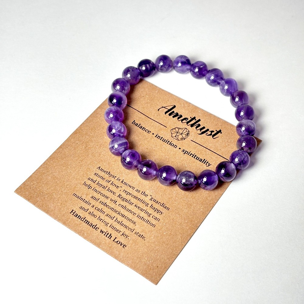 Pulsera Curativa Cristal Amatista con Tarjeta y Bolsa de Regalo - Regalo Meditación