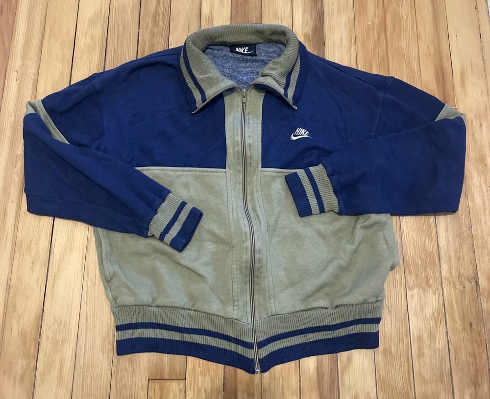 Vintage Nike Mens Jacket Size M Swoosh Logo Zip-Up Pockets Blue Tan Throwback