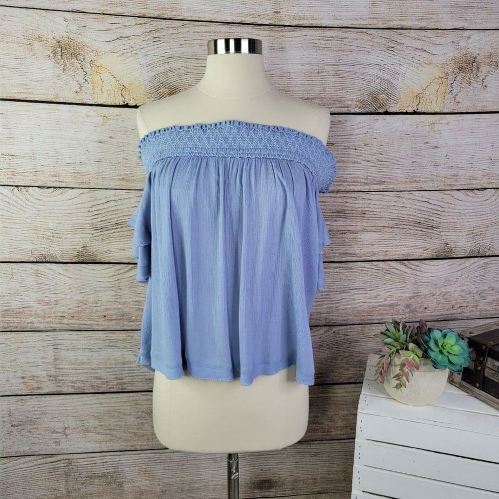 ONETHELAND Blue Off Shoulder Key Hole Back Embroidered Shoulder Top Small
