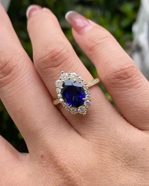 2.65 Ct Oval Cut Sapphire Halo Engagement Ring 14K Yellow Gold