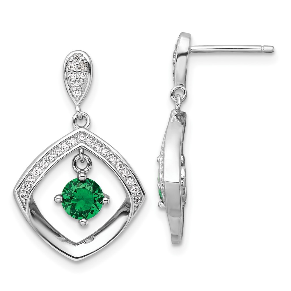 Sterling Silver Green White CZ Square Drop Dangle Earrings