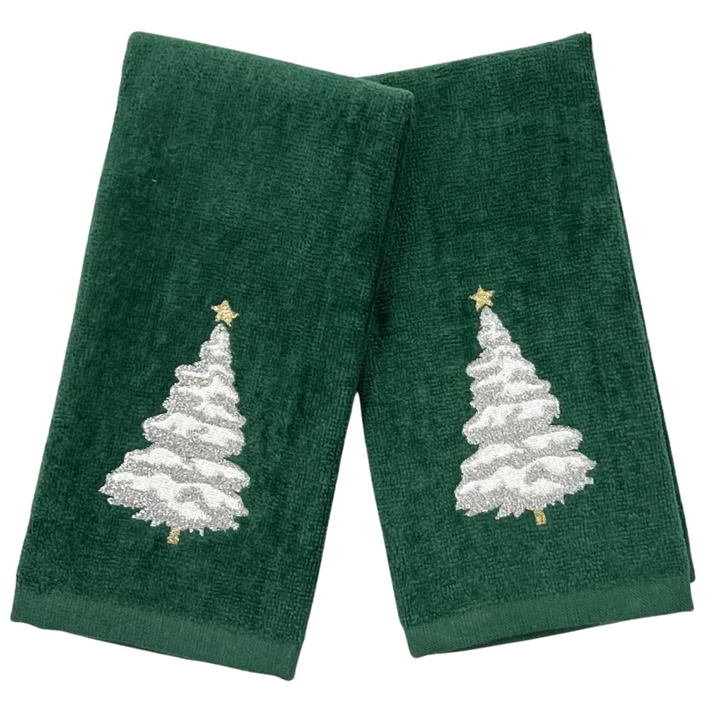 Christmas Bathroom Fingertip Towels – Set of 2 Green 100% Cotton Embroidered ...