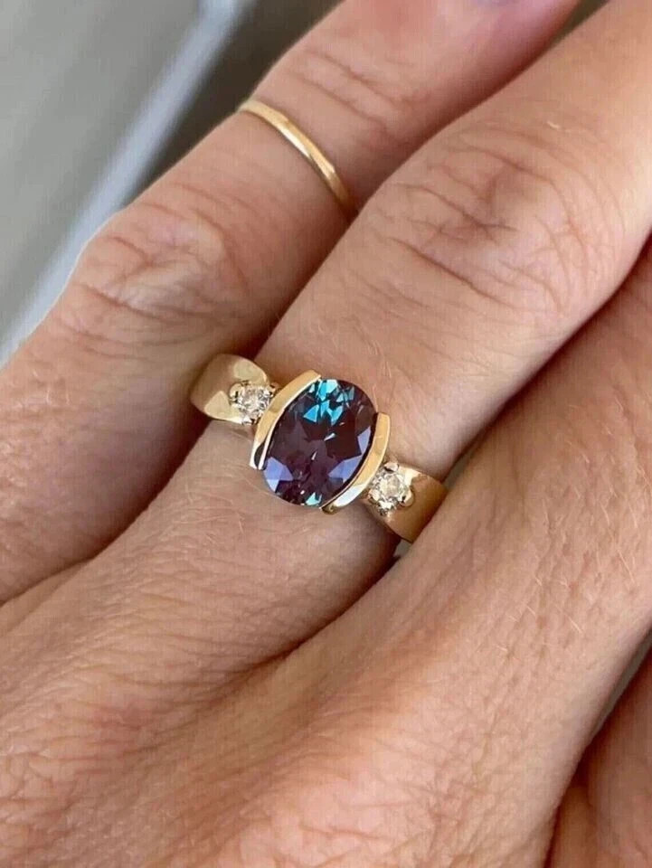3.20 Ct Oval Cut Alexandrite Ring Wedding Ring 14K Solid Yellow Gold