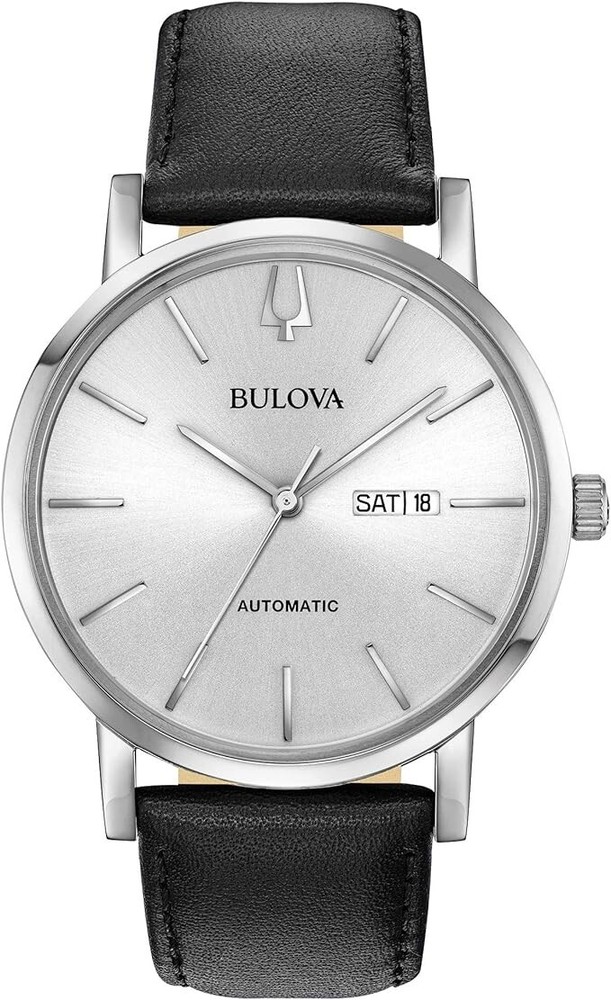 Bulova 96C130 Automatic Day/Date Black Leather Strap Silver Dial Men's Watch
