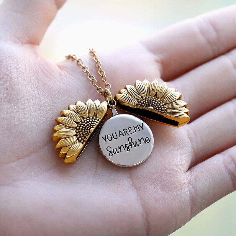 Open Locket Sunflower Pendant Silver You Are My Sunshine 14K Yellow Gold Plated