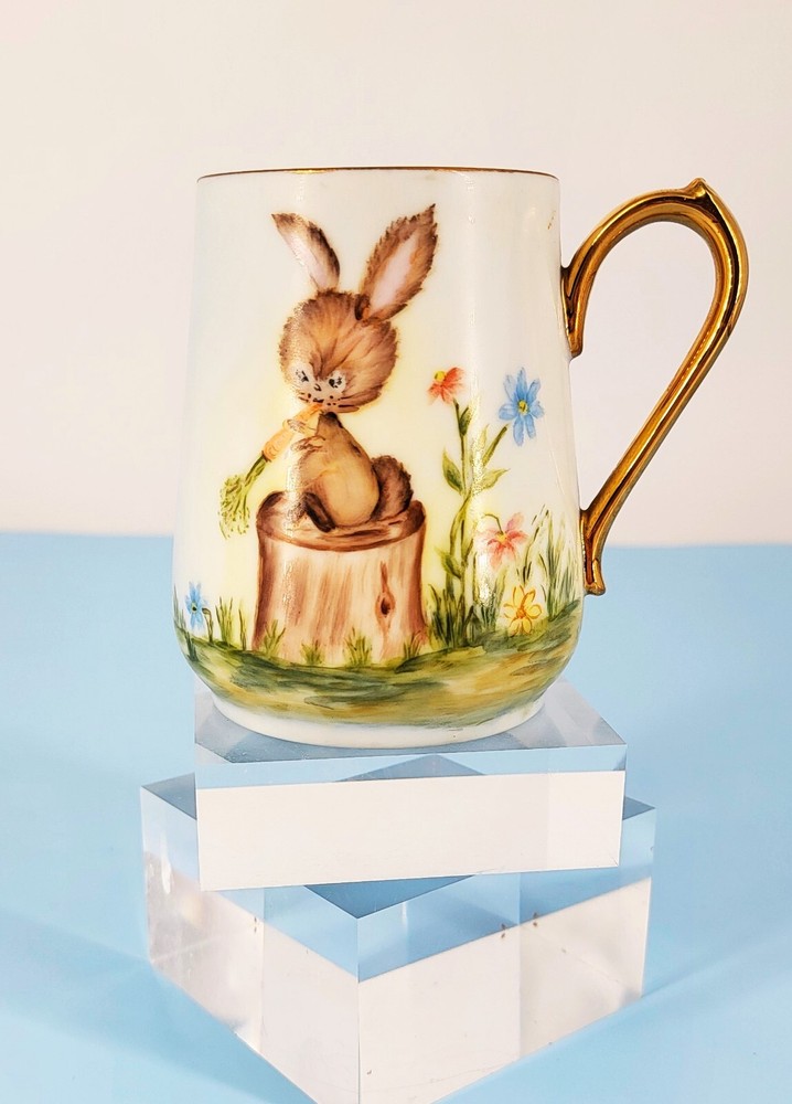 1970s Easter Bunny Porcelain Mug Hand Painted Pastel Flowers Glen Dowling Signed