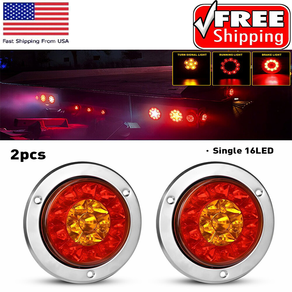 4inch Red Round Amber 16-LED Truck Trailer Stop Turn Signal Tail Brake Lights US