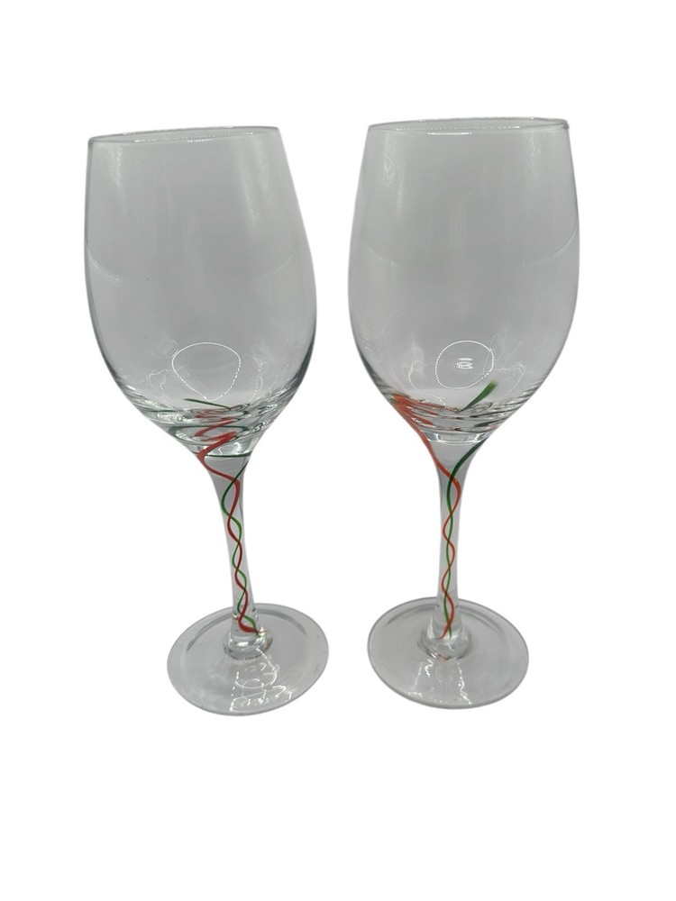 Lenox Holiday Ribbon Crystal Wine Glasses 9 Inch Set of 2 Red and Green