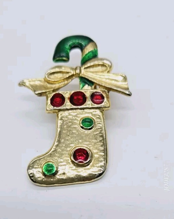 Festive Green Candy Cane Christmas Stocking Enamel Brooch Gold Tone 2.25 Inch  