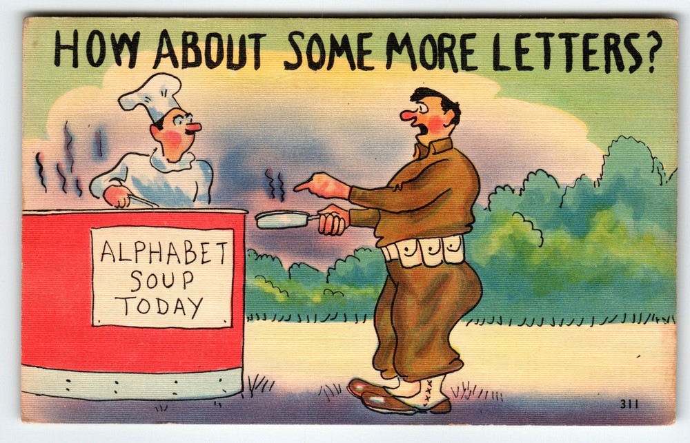 1940s US Army WW2 Linen Postcard - Alphabet Soup Chef Military Humor