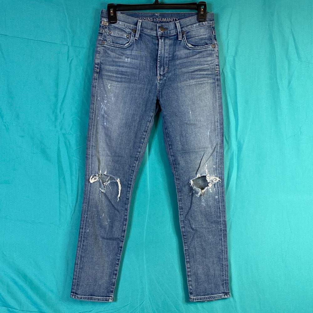 Citizens Of Humanity Womens Blue Elsa Mid Rise Slim Fit Distressed Crop Jeans Size 26