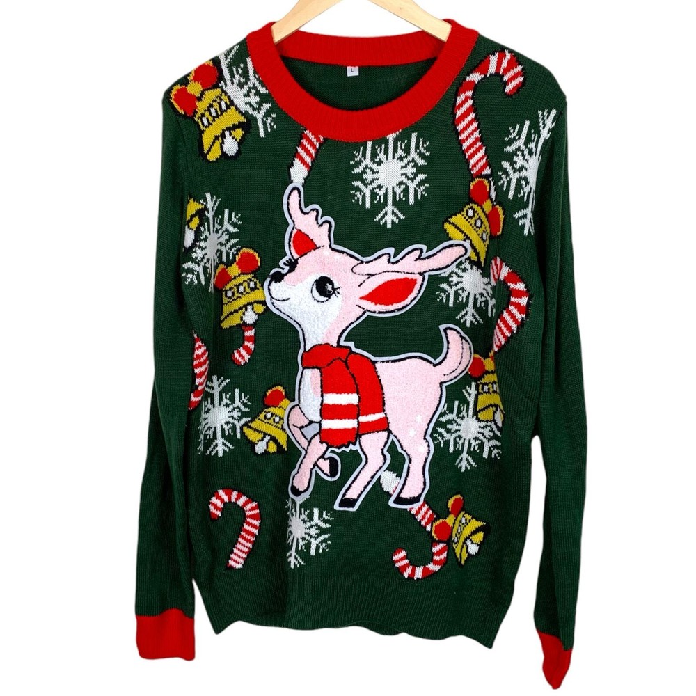 Pink Reindeer Sz L Green Knit Sweater Red Collar & Cuffs XMAS Sweater