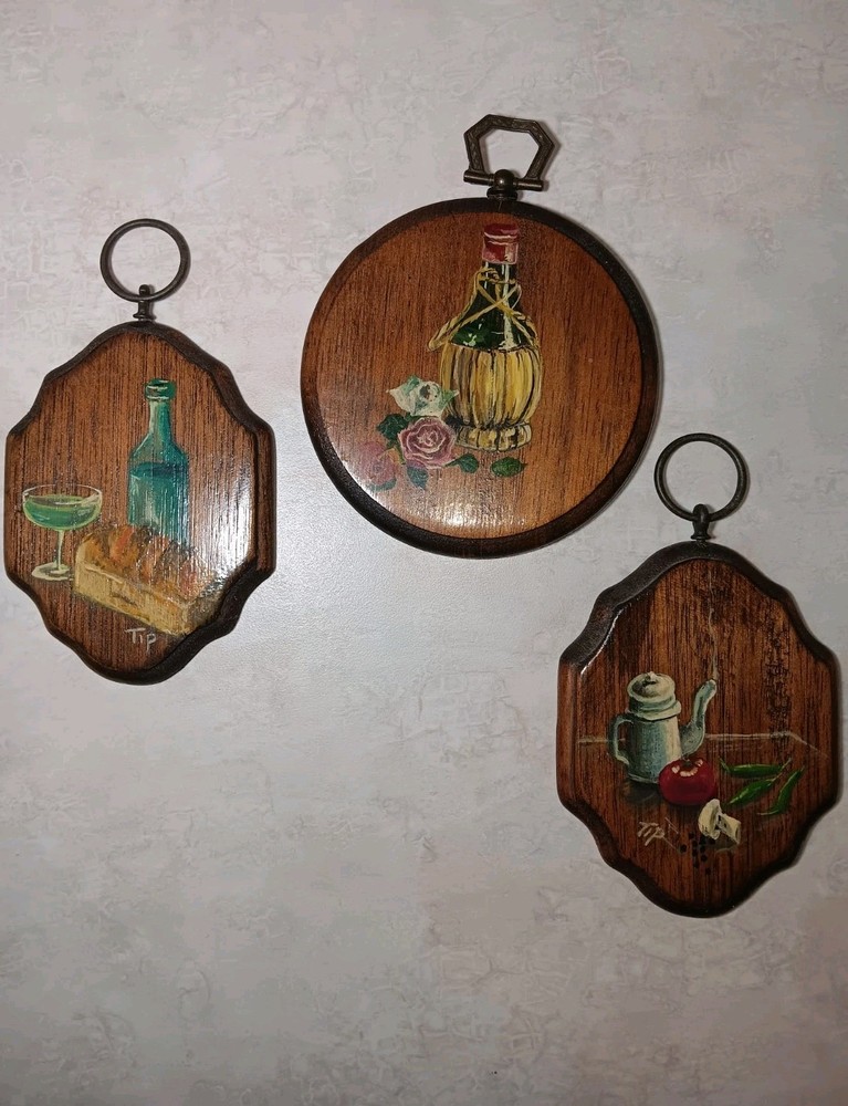 Vtg Handpainted Kitchen Wine Cooking Italian Rustic Farmhouse Wooden Plaques (3)