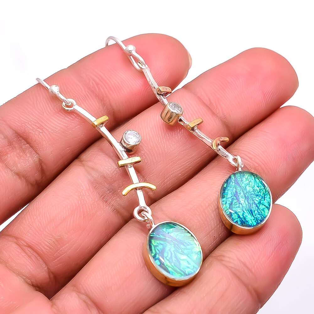 Triplet Opal, White Topaz Gemstone 925 Sterling Silver Two Tone Earring 2.34