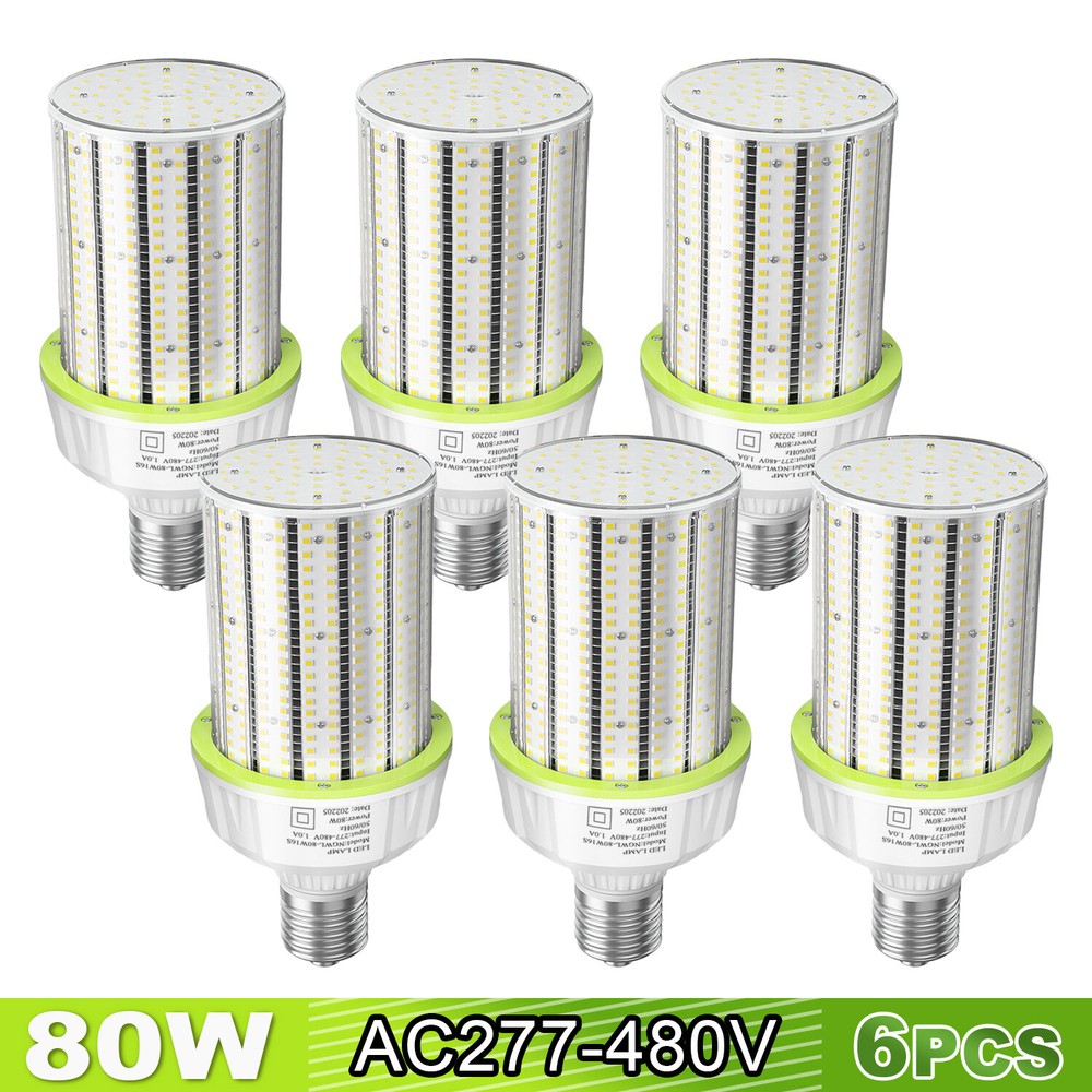 6-Pack 80W LED Corn Bulbs for Warehouse Garage Shop E39 Base AC277-480V