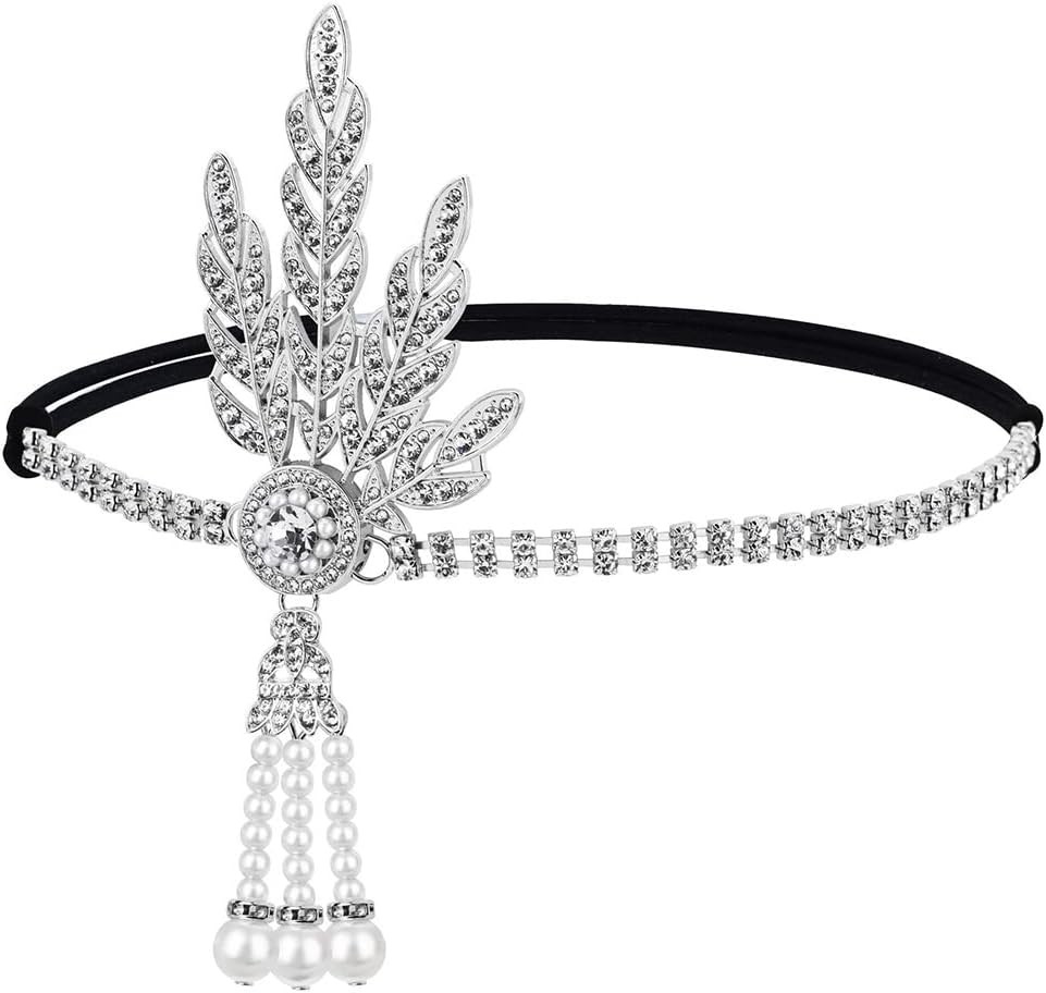 1920s Flapper Headband with Rhinestones Pearls and Silver Leaf Gatsby Headpiece