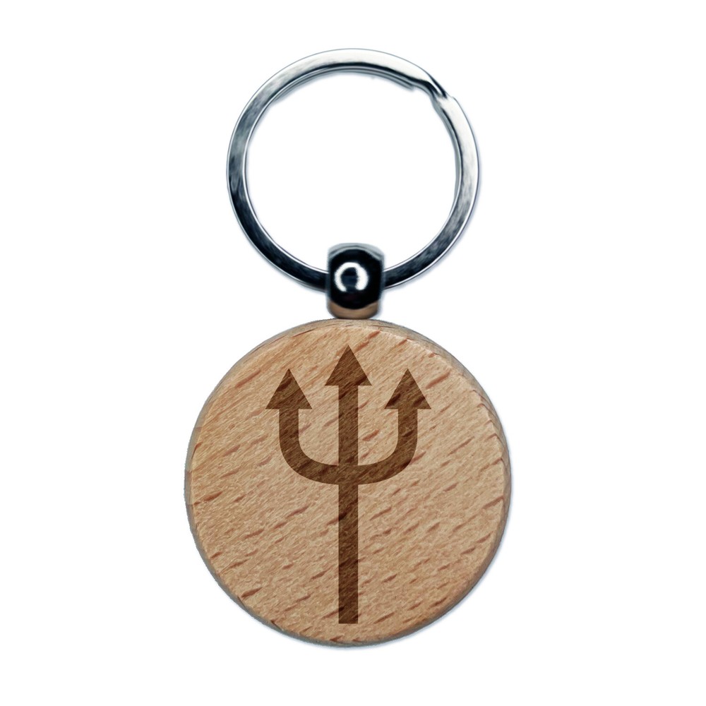 Trident Pitchfork Engraved Wood Round Keychain Tag Charm