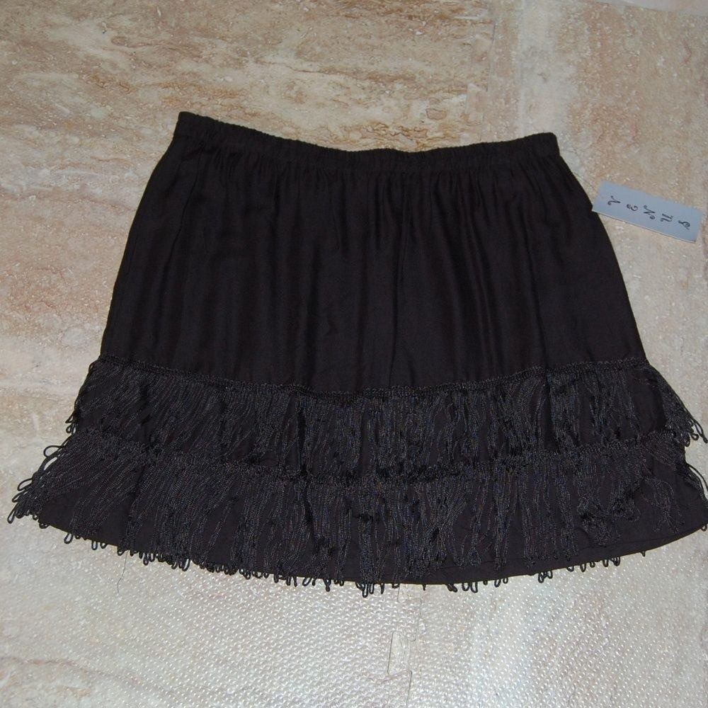 Small Black Fringe Mini Skirt Elastic Waist Pull On Flapper Style Short Skirt