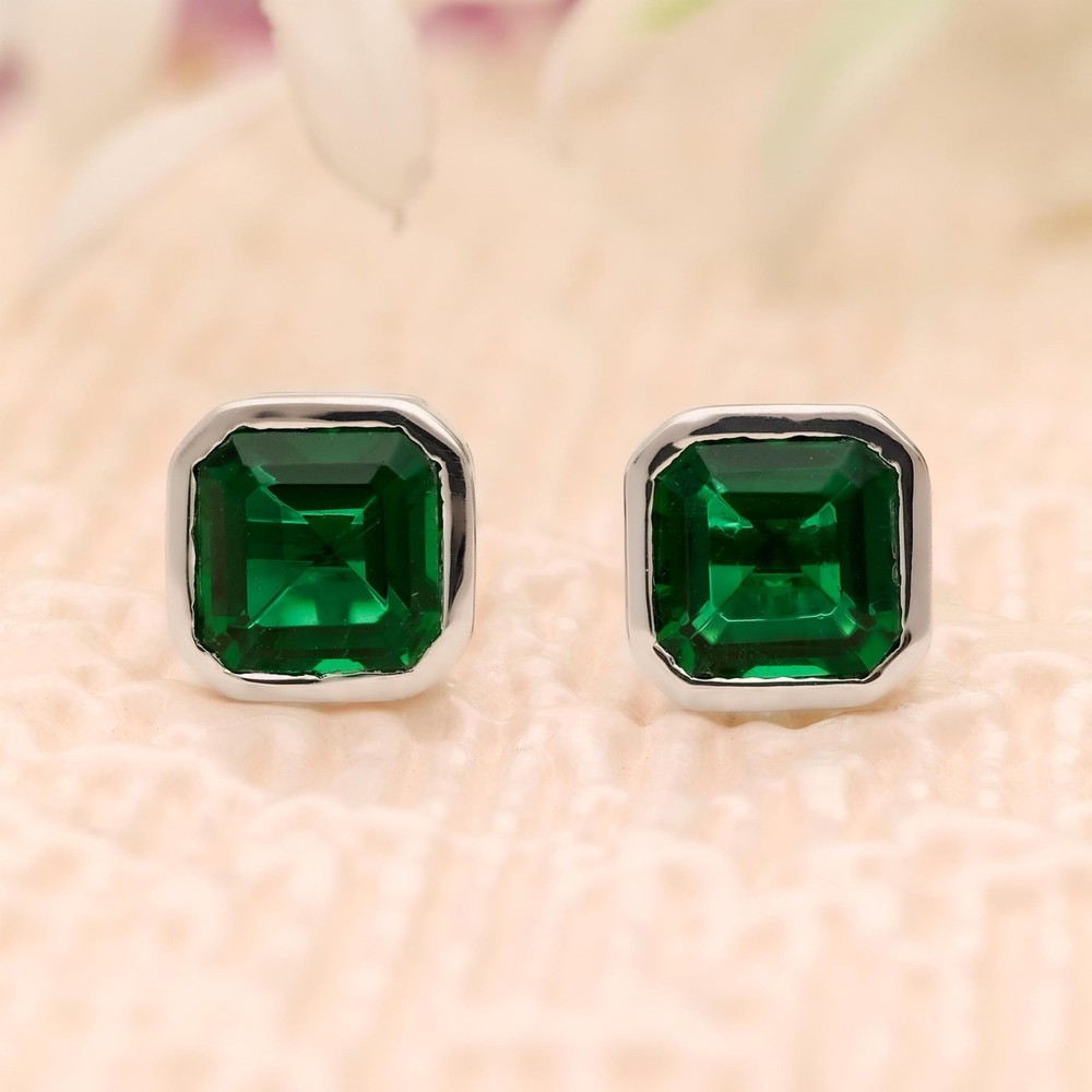 925 Sterling Silver Asscher Cut Green Gemstone Square Stud Earrings for Mother Sister Gift