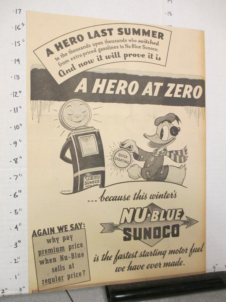 newspaper ad 1942 SUNOCO gas station pump gasoline Donald Duck Disney cartoon ZE