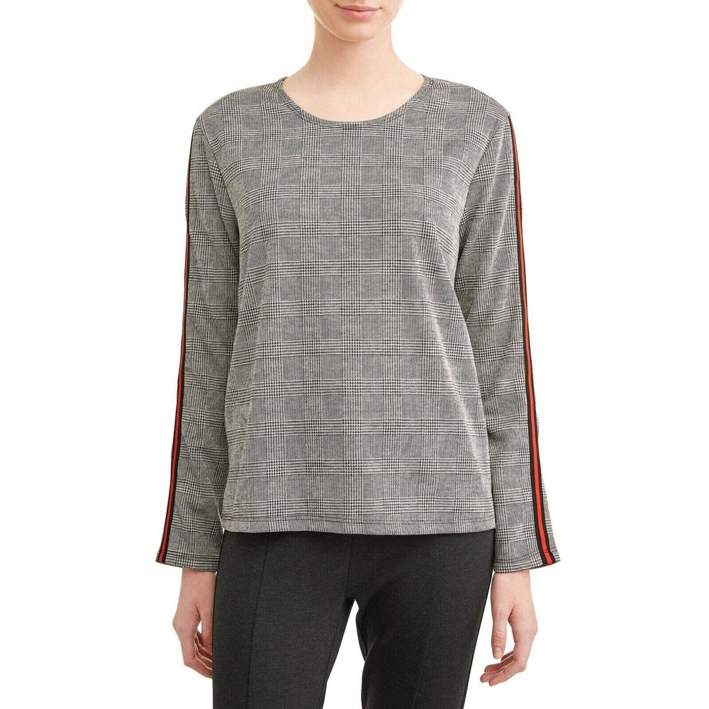 Poof! Juniors' Plaid Printed Red Side Stripe Raglan Sleeve Blouse, Size M