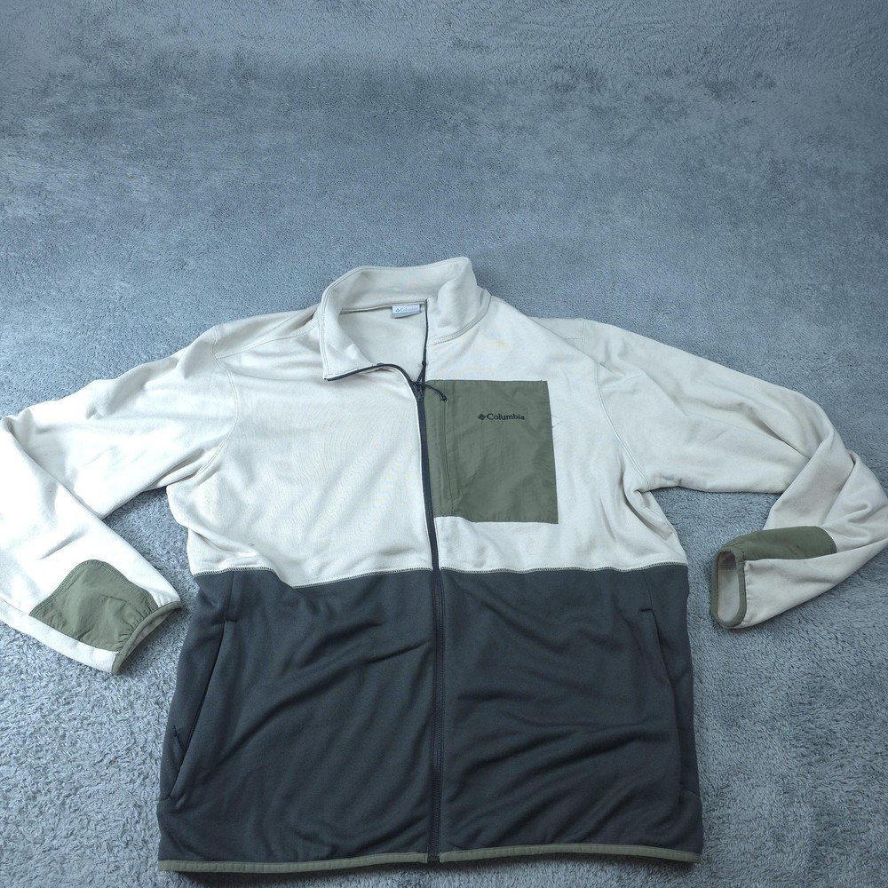 Columbia Jacket Mens XXL Beige Gray Fleece Full Zip Colorblock Chest Pocket