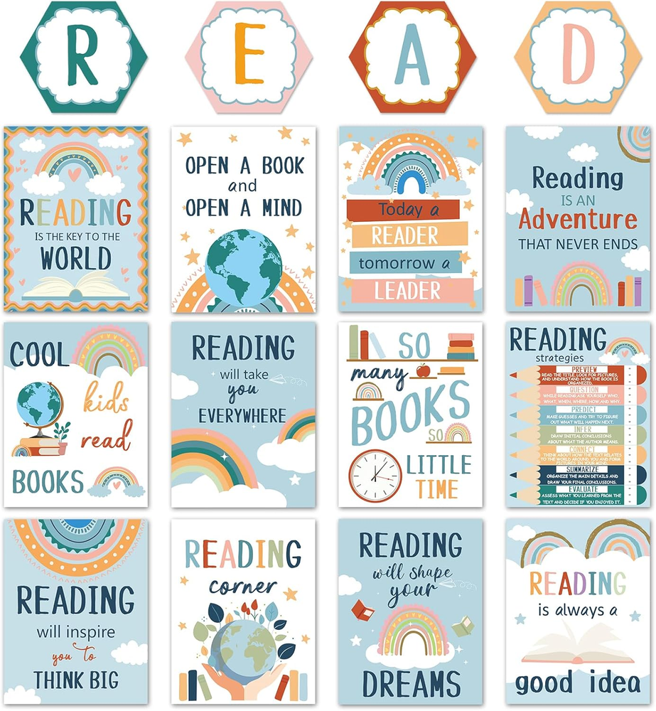 Boho Reading Posters for Classroom Reading Corner Bulletin Board Decorations Edu