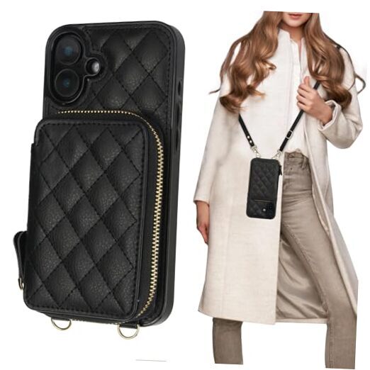 Slim RFID-Blocking PU Leather Crossbody Wallet Case for iPhone 16 Plus in Black