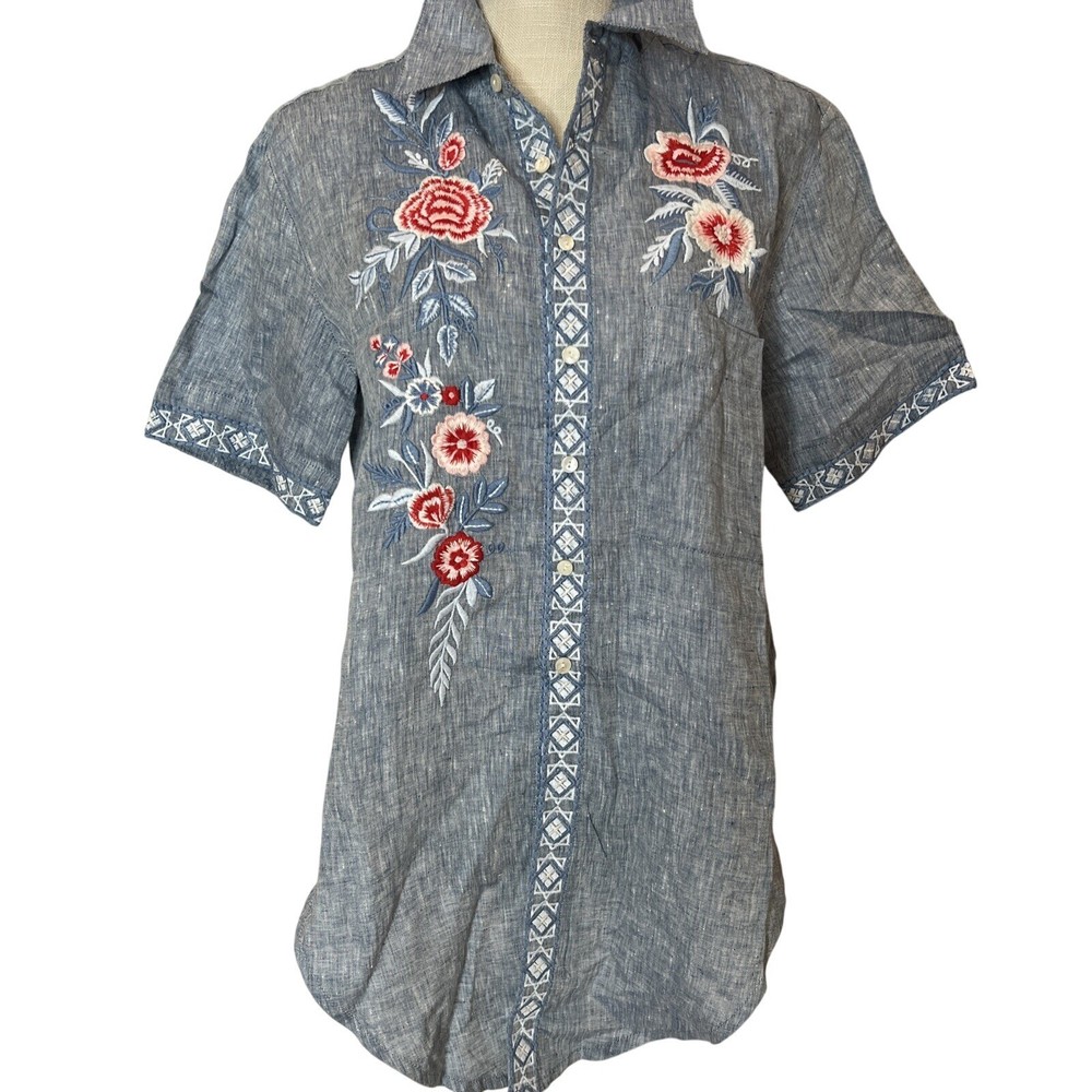 Kyla Seo Embroidered Chambray Button-Up Shirt With Floral Details S
