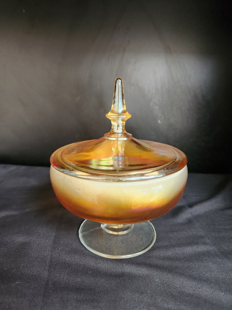 Vintage Lancaster Marigold Candy Dish with Lid and Clear Pedestal Glass Base