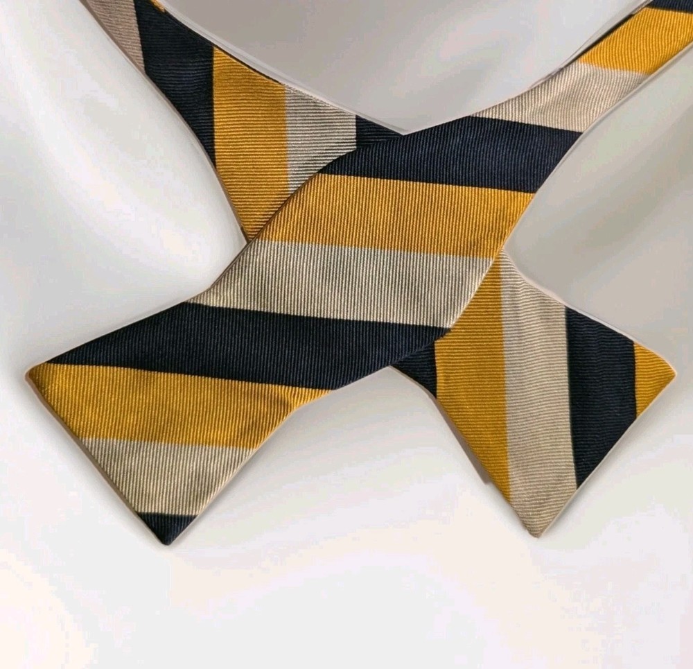 Tommy Hilfiger Silk Repp Stripe Self-Tie Bow Tie Navy Gold Gray Classic 2.75