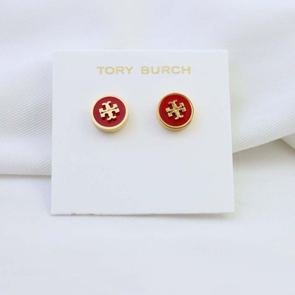 New~ Tory Burch Women's Gold-tone Crystal Logo Circle Stud Earrings Red color