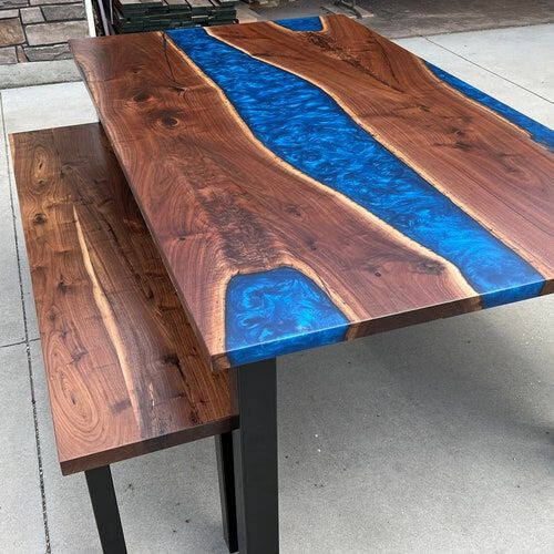 Blue Epoxy Resin Coffee Table Top, Wooden Center Epoxy Table Top Handmade Top