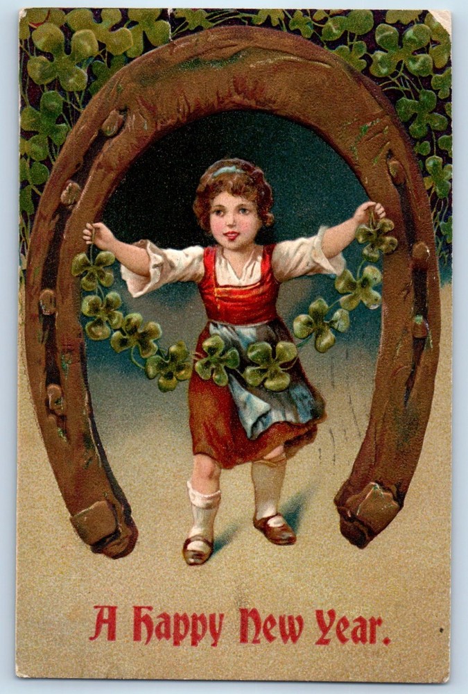 1907 New Year Girl Big Horseshoe Clover Embossed Plymouth MA Antique Postcard-image