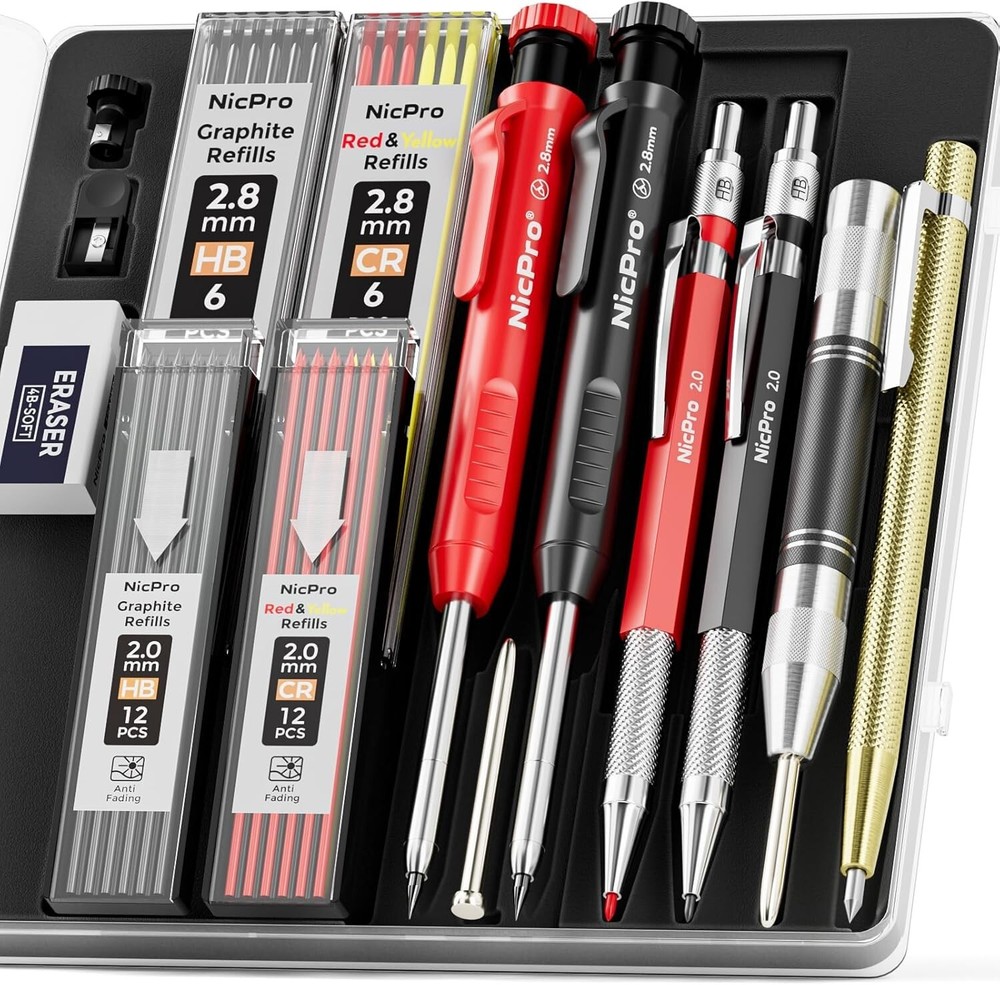 Nicpro 15 Pack Carpenter Pencil Set with Sharpener, Mechanical Carpenter Pencils