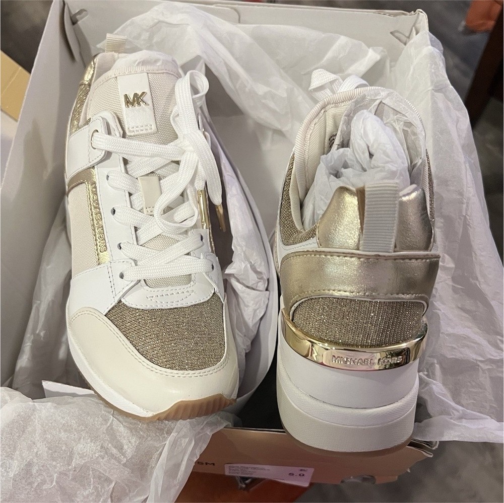 Michael Kors Georgie Trainer Glitter Chain Mesh Pale Gold White Women's Sneakers