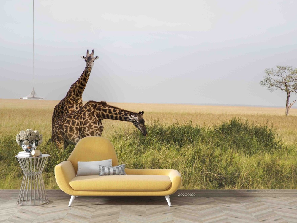 3D Grassland Giraffe Landscape Wall Murals Wallpaper Murals Wall Sticker