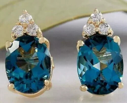 4Ct Oval London Blue Topaz 14K Yellow Gold Push Stud Earrings