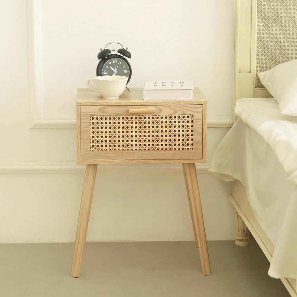 Rattan Nightstand with Drawer, Natural Wood Bedside End Table