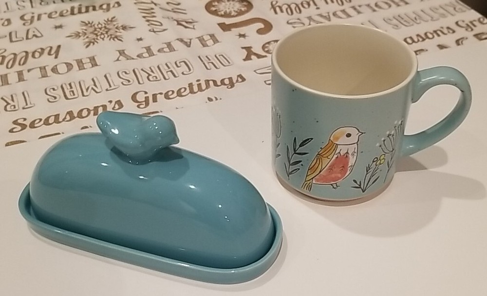Song Bird Flower Coffee Mug Hand Painted &Teal Blue Butter Dish Bird On Top Of