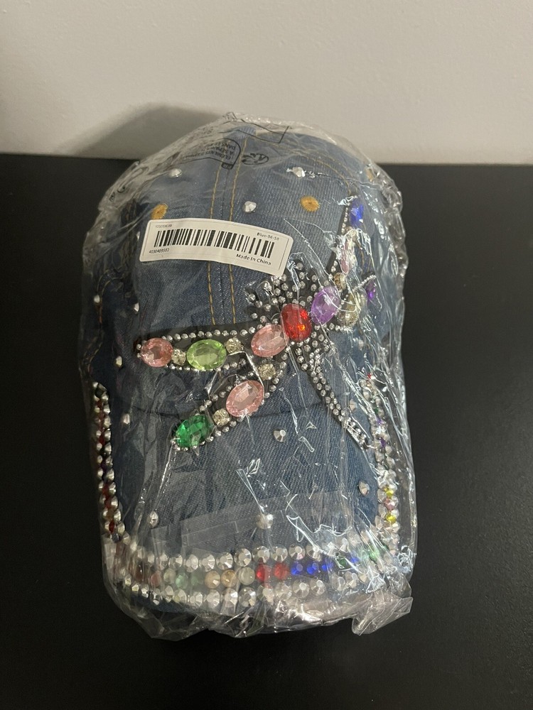 Women's Distressed Denim Baseball Cap with Rhinestone Dragonfly Bling