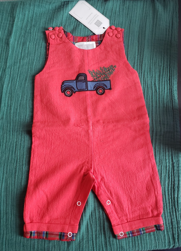 Lil Cactus Baby Boys Red Christmas Tree Truck Smocked Overalls - Size 3-6M - NWT