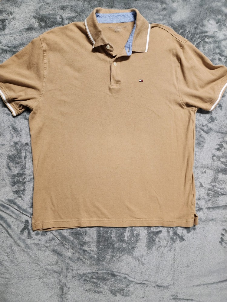 Tommy Hilfiger Men's XL Tan Polo Shirt Short Sleeve Collared Solid Knit