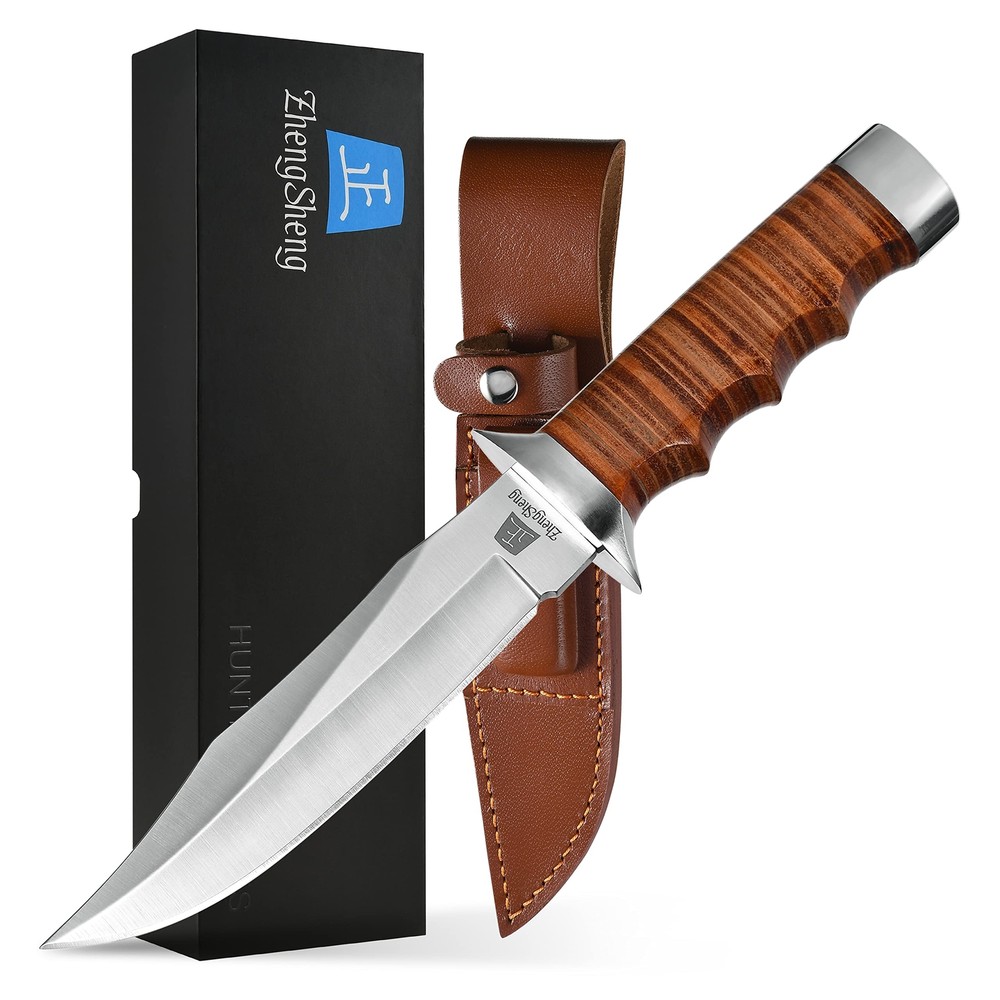 5.8 Inch Genuine Leather Handle Hunting Bowie Knife for Outdoor Adventures